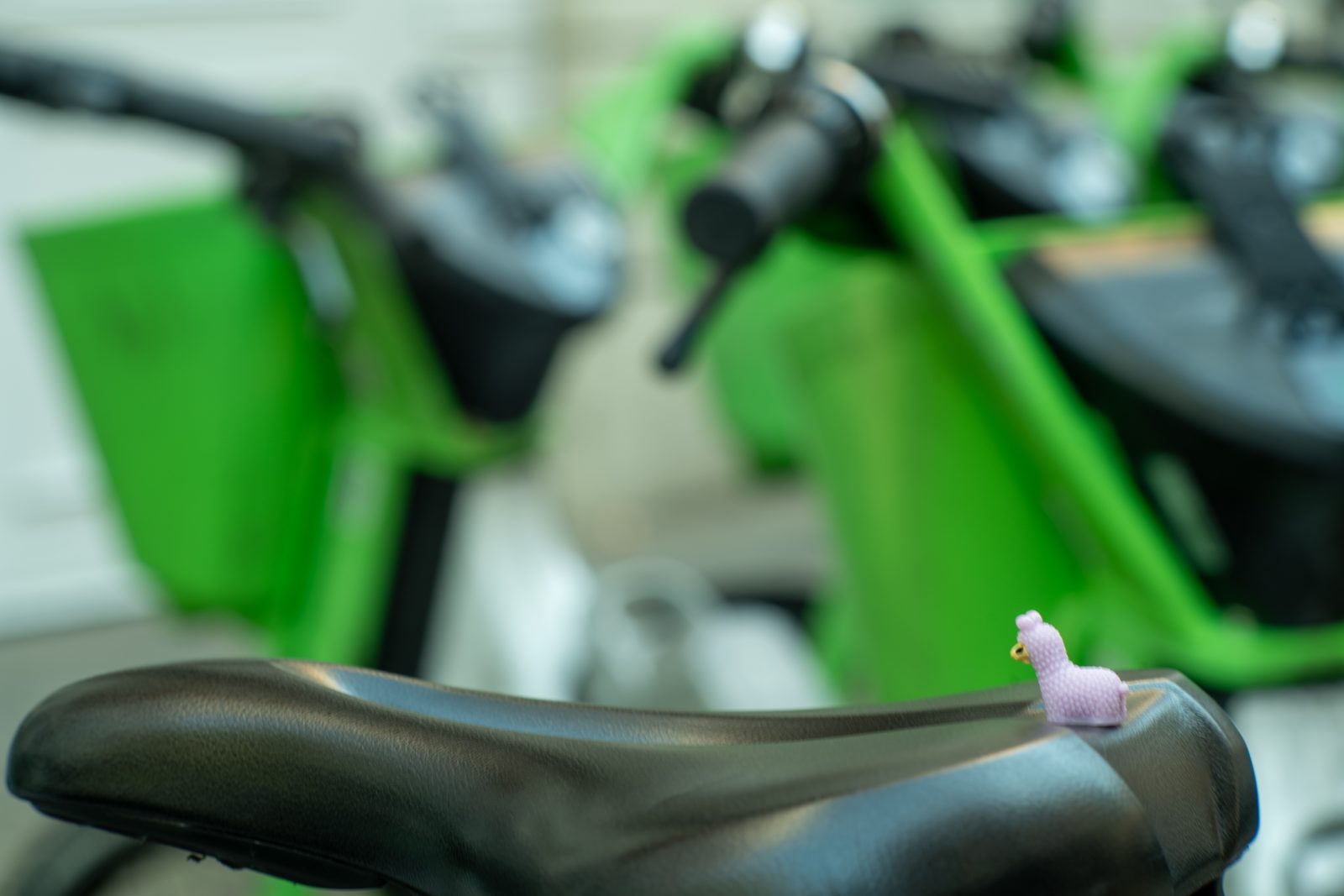 The plastic llama perched on the green saddle of a parked hire bike, a row of bikes receding behind.